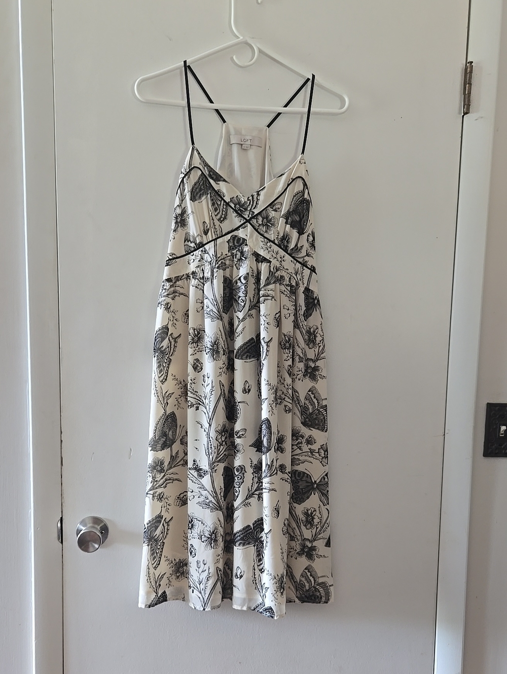 LOFT Black and White Botanical Print Midi Dress